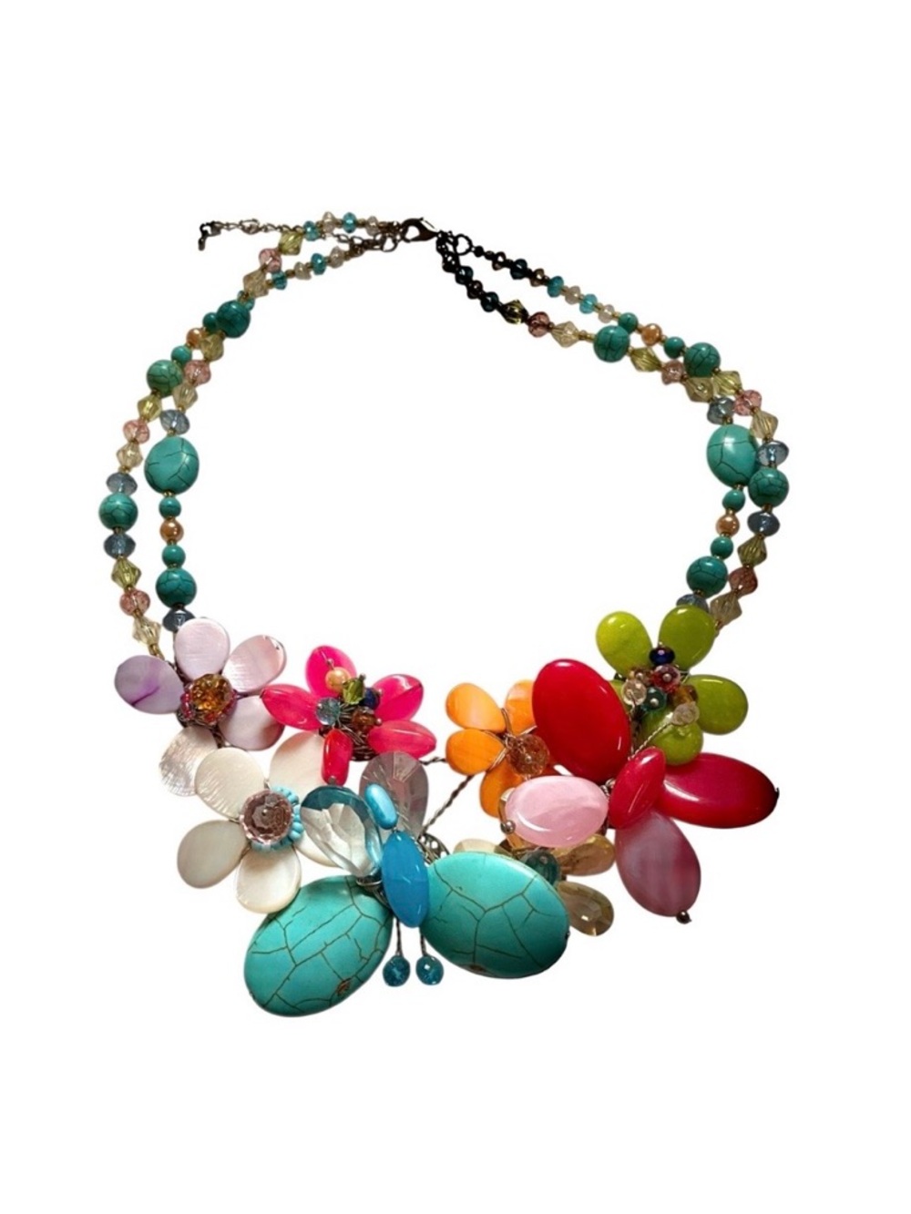 Acrylic Beaded Statement Necklace Multicolor Double Strand Flowers Butterflies